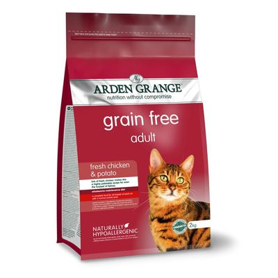 Bag labelled grain free adult, fresh chicken and potato, naturally hypoallergenic, 2kg. Shows a cat image and highlights wholesome maintenance diet for adult cats with normal activity.