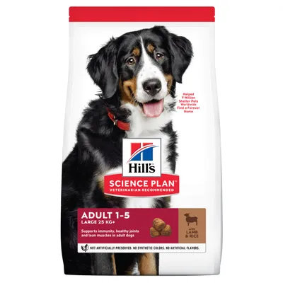 Hill's Science Plan Adult 1–5 Large 25 kg+ med lam og ris. Understøtter immunitet, sunde led og muskler hos voksne hunde. Ingen kunstige farver, smags- eller konserveringsstoffer.