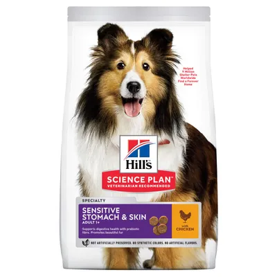 Hill's Science Plan Sensitive Stomach & Skin Adult 1+ med kylling. Tekst: Supports digestive health with prebiotic fibre. Promotes beautiful fur. Not artificially preserved.