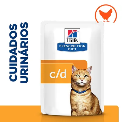 Hill's Prescription Diet c/d para gatos, cuidados urinários, embalagem com imagem de gato e símbolo de frango. Texto visível: CUIDADOS URINÁRIOS.