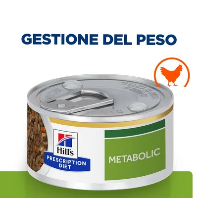 Hill's Prescription Diet Metabolic, lattina con scritta 'Gestione del peso' e simbolo arancione di pollo visibili sull'immagine.
