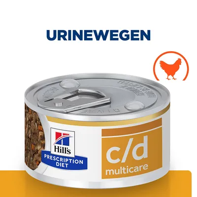 Hill's Prescription Diet c/d Multicare natvoer blik, tekst 'URINEWEGEN', oranje kip-symbool zichtbaar op de verpakking.