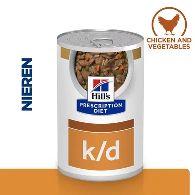 Hill's Prescription Diet k/d natvoer, zichtbare stukjes kip en groenten, tekst: NIEREN en CHICKEN AND VEGETABLES op de afbeelding.
