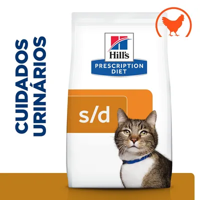 Hill's Prescription Diet s/d para gatos, cuidados urinários. Saco com imagem de gato e símbolo de frango no canto superior direito.