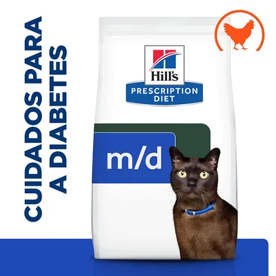 Hill's Prescription Diet m/d, cuidados para a diabetes, imagem de um gato e ícone de frango. Texto visível: CUIDADOS PARA A DIABETES.