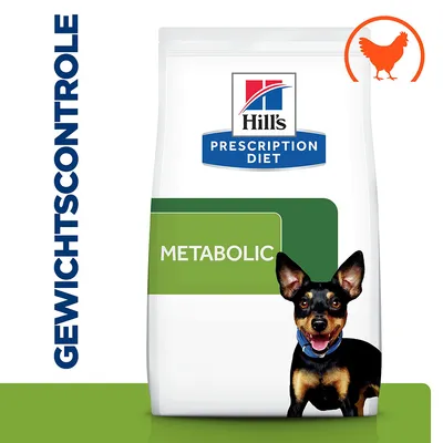 Hill's Prescription Diet Metabolic Hundefutter, Aufschrift GEWICHTSCONTROLE, Huhn-Symbol oben rechts