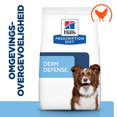 Hill's Prescription Diet Derm Defense hondenvoer, tekst: OMGEVINGS-OVERGEVOELIGHEID, afbeelding van kip, verpakking met hond zichtbaar.