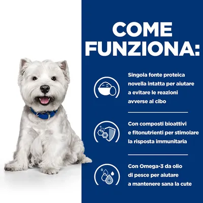 COME FUNZIONA: Singola fonte proteica novella intatta per evitare reazioni avverse al cibo. Composti bioattivi e fitonutrienti per stimolare la risposta immunitaria. Omega-3 da olio di pesce per la cute.