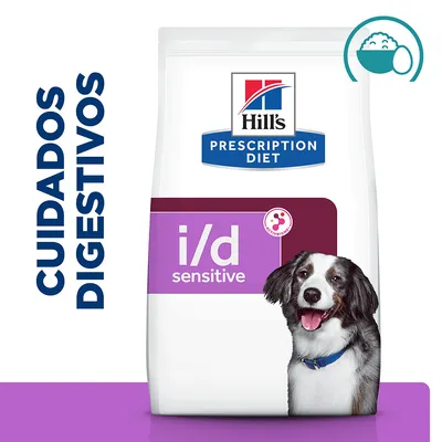 Hill's Prescription Diet i/d sensitive, cuidados digestivos, embalagem de ração para cão com imagem de cão e ícone de taça de comida no canto superior direito. Hill's Prescription Diet i/d sensitive, cuidados digestivos, embalagem de ração para cão com imagem de cão e ícone de taça de comida no canto superior direito.