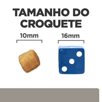 Tamanho do croquete: comparação visual entre um croquete de 10 mm e um dado azul de 16 mm. Texto visível: 'TAMANHO DO CROQUETE', '10 mm', '16 mm'.