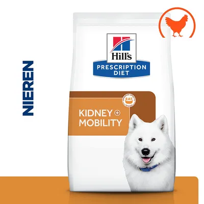 Hill's Prescription Diet Kidney + Mobility hondenvoer, afbeelding van witte hond, oranje kip-icoon, tekst: NIEREN en EAT Advanced Appetite Trigger zichtbaar op verpakking.