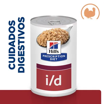 Lata de Hill's Prescription Diet i/d com imagem de comida húmida, texto visível 'CUIDADOS DIGESTIVOS' e símbolo de peru no canto superior direito.