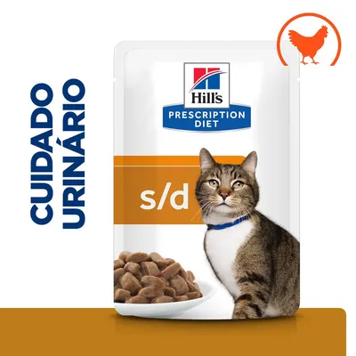 Hill's Prescription Diet s/d para gatos, cuidado urinário. Embalagem com imagem de um gato e símbolo de frango. Texto visível: CUIDADO URINÁRIO.