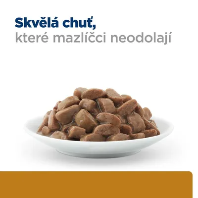 Miska s kousky vlhkého krmiva, nad ní text: Skvělá chuť, které mazlíčci neodolají.
