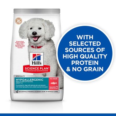 Hill's Science Plan Hypoallergenic Small & Mini Adult 1–6, losos, bez žitarica. Tekst na engleskom: With selected sources of high quality protein & no grain.