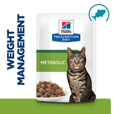 Hill's Prescription Diet Metabolic пауч за котки, изображение на котка и хапки храна; текст: WEIGHT MANAGEMENT. Видим рибен символ горе вдясно.