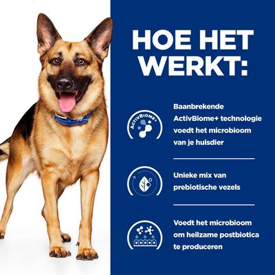 HOE HET WERKT: Baanbrekende ActivBiome+ technologie voedt het microbioom van je huisdier. Unieke mix van prebiotische vezels. Voedt het microbioom om heilzame postbiotica te produceren.