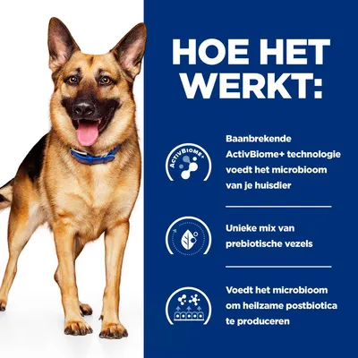 HOE HET WERKT: Baanbrekende ActivBiome+ technologie voedt het microbioom van je huisdier. Unieke mix van prebiotische vezels. Voedt het microbioom om heilzame postbiotica te produceren.
