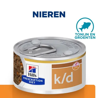 Hill's Prescription Diet k/d natvoer blik, tonijn en groenten, label met 'Nieren' en 'ActivBiome+ Kidney Defense' zichtbaar.
