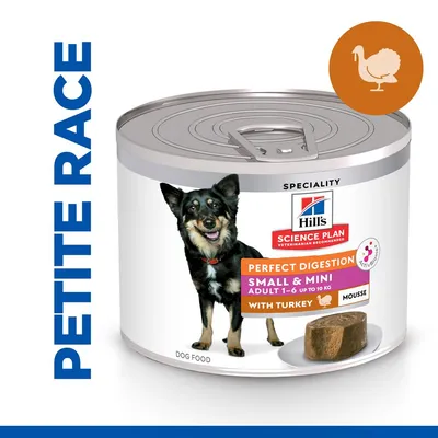Boîte Hill's Science Plan Perfect Digestion Small & Mini Adult 1–6 jusqu'à 10 kg, mousse à la dinde, image de chien, mention PETITE RACE et pictogramme dinde visibles. Boîte Hill's Science Plan Perfect Digestion Small & Mini Adult 1–6 jusqu'à 10 kg, mousse à la dinde, image de chien, mention PETITE RACE et pictogramme dinde visibles.