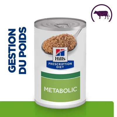 Boîte de pâtée Hill's Prescription Diet Metabolic, texte visible : GESTION DU POIDS, image d'une cuillère avec pâtée, pictogramme vache violette en haut à droite.