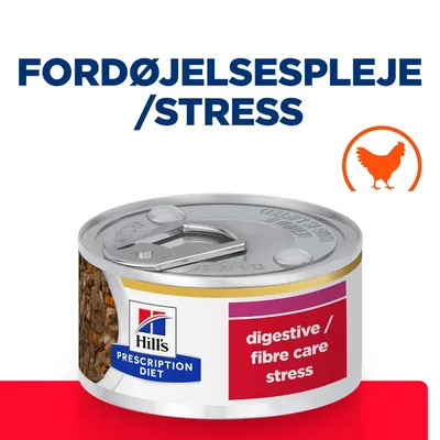 Hill's Prescription Diet dåse med tekst: digestive / fibre care stress. Fordøjelsespleje / stress. Illustration af kylling.
