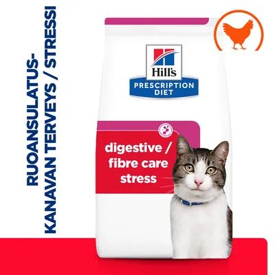 Hill's Prescription Diet -kissanruokapakkaus, teksti: digestive / fibre care stress. Vasemmalla teksti: ruoansulatuskanavan terveys / stressi. Oranssi kanan siluetti ylhäällä. Hill's Prescription Diet -kissanruokapakkaus, teksti: digestive / fibre care stress. Vasemmalla teksti: ruoansulatuskanavan terveys / stressi. Oranssi kanan siluetti ylhäällä.