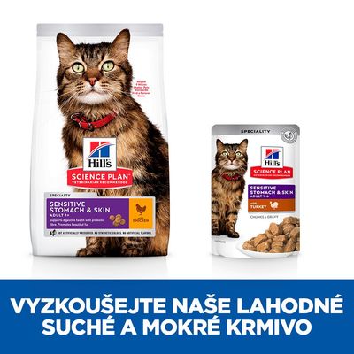 Hill's Science Plan Sensitive Stomach & Skin Adult 1+ s kuřetem a krůtou, balení suchého a mokrého krmiva pro kočky. Text: VYZKOUŠEJTE NAŠE LAHODNÉ SUCHÉ A MOKRÉ KRMIVO.