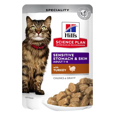 Hill's Science Plan Sensitive Stomach & Skin Adult 1-6 with Turkey, bocconcini in salsa per gatti, confezione con immagine di gatto e ciotola di cibo. Testo visibile in inglese. Hill's Science Plan Sensitive Stomach & Skin Adult 1-6 with Turkey, bocconcini in salsa per gatti, confezione con immagine di gatto e ciotola di cibo. Testo visibile in inglese.