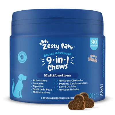 Zesty Paws Senior Advanced 9-in-1 Chews, 90 friandises, multifonctions, riche en dinde, articulations, immunité, digestion, peau, multivitamines, cerveau, cœur, yeux, urinaire, 800 g Zesty Paws Senior Advanced 9-in-1 Chews, 90 friandises, multifonctions, riche en dinde, articulations, immunité, digestion, peau, multivitamines, cerveau, cœur, yeux, urinaire, 800 g