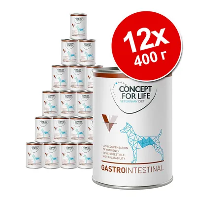 Консерва Concept for Life Veterinary Diet Gastrointestinal за кучета, комплект 12×400 г. Видими надписи: Loss compensation of nutrients, easily digestible, high palatability.