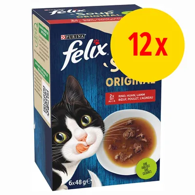 Purina Felix Soup Original, 12 x 6x48g, bœuf, poulet, agneau. Texte visible : 'Sans colorants'. Image d’un chat et d’une assiette de soupe pour chat sur l’emballage. Purina Felix Soup Original, 12 x 6x48g, bœuf, poulet, agneau. Texte visible : 'Sans colorants'. Image d’un chat et d’une assiette de soupe pour chat sur l’emballage.