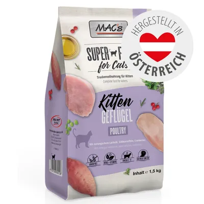 MAC's Super Food for Cats Kitten Geflügel Trockenfutter, mit norwegischem Lachsöl, Süßkartoffeln, Cranberries, getreidefrei, Kräuter & Vitamine, Omega 3+6, Fleischanteil, 1,5 kg, hergestellt in Österreich.