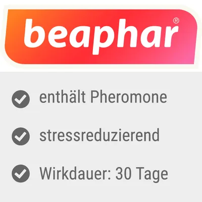 beaphar, enthält Pheromone, stressreduzierend, Wirkdauer: 30 Tage (texte en allemand)