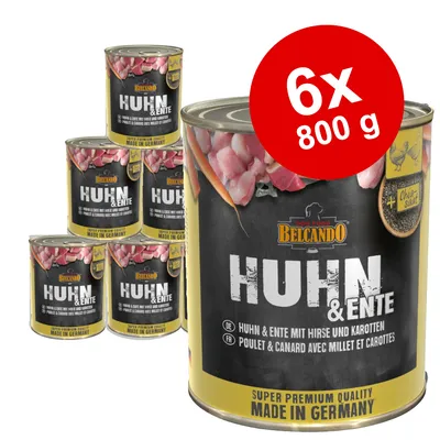 Belcando Huhn & Ente hundemad, 6 dåser à 800 g. Synlig tekst: Super Premium Quality Made in Germany, Huhn & Ente mit Hirse und Karotten, Chia-saat.
