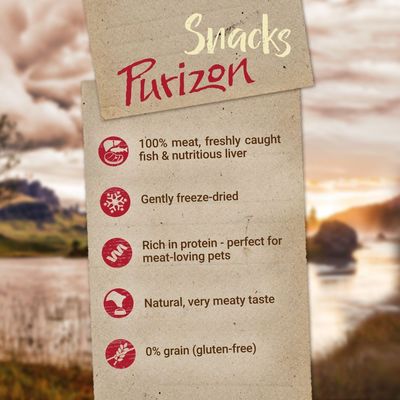Purizon Snacks: 100% meat, freshly caught fish and liver, gently freeze-dried, protein-rich, natural flavour, 0% grain (gluten-free).