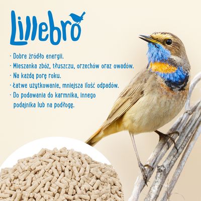 Lillebro. Dobre źródło energii. Mieszanka zbóż, tłuszczu, orzechów oraz owadów. Na każdą porę roku. Łatwe użytkowanie, mniejsza ilość odpadów. Do podawania do karmnika lub na podłogę.
