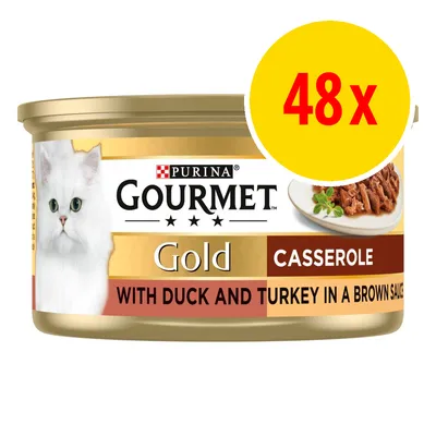 Gourmet Gold Casserole with duck and turkey in a brown sauce, pack of 48 cans.