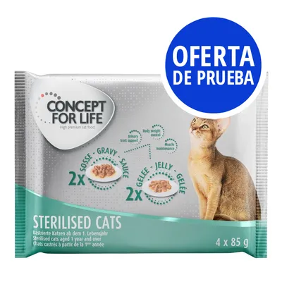 Concept for Life Sterilised Cats, comida húmeda para gatos esterilizados, 4 sobres de 85 g, 2 en salsa y 2 en gelatina. Oferta de prueba visible en la esquina superior derecha.