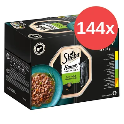 Sheba Sauce Collection Feine Vielfalt Sélection Mixte, balení 12×85 g, zobrazeno 144×. Na obalu miska s kousky masa v omáčce a obrázek kočky. Sheba Sauce Collection Feine Vielfalt Sélection Mixte, balení 12×85 g, zobrazeno 144×. Na obalu miska s kousky masa v omáčce a obrázek kočky.