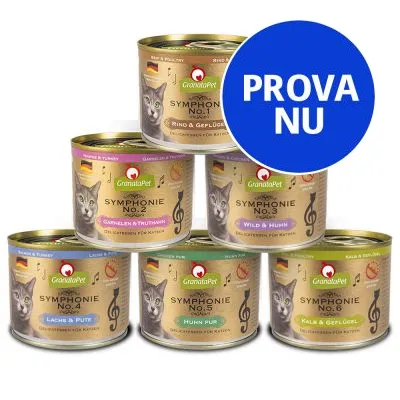 GranataPet Symphonie kattmat, sex burkar med olika sorter. Synliga texter: SYMPHONIE No.1–6, PROVA NU i blå cirkel.