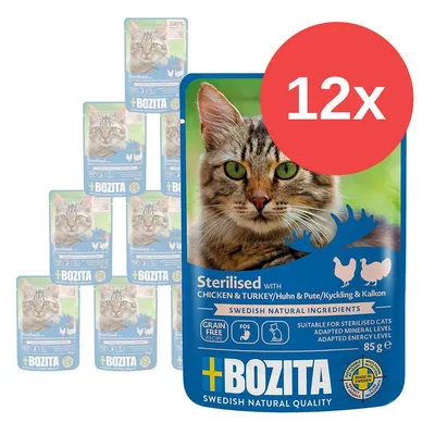12× Bozita Sterilised with Chicken & Turkey kapsičky 85 g, vhodné pro sterilizované kočky, bez obilovin, švédské přírodní ingredience, vyobrazení balení s kočkou. 12× Bozita Sterilised with Chicken & Turkey kapsičky 85 g, vhodné pro sterilizované kočky, bez obilovin, švédské přírodní ingredience, vyobrazení balení s kočkou.