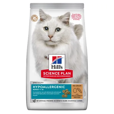 Hill's Science Plan Hypoallergenic Adult 1-6, ohne Getreide, mit Ei- und Insektenprotein. Für Katzen mit empfindlicher Haut und Magen. Keine künstlichen Konservierungsstoffe oder Farben.