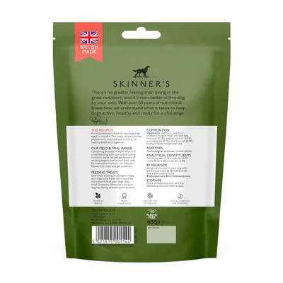 Back of pet food pack showing ingredients, feeding instructions, analytical constituents, storage advice, and British made label. Pack weight is 90g.