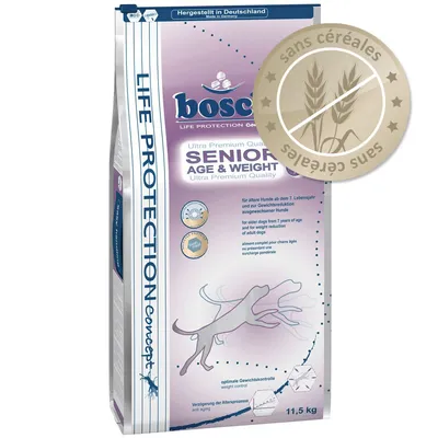 Sac de croquettes bosch Senior Age & Weight 11,5 kg, sans céréales, pour chiens âgés ou en surpoids. Texte visible : optimale Gewichtskontrolle, Verzögerung der Alterungsprozesse.