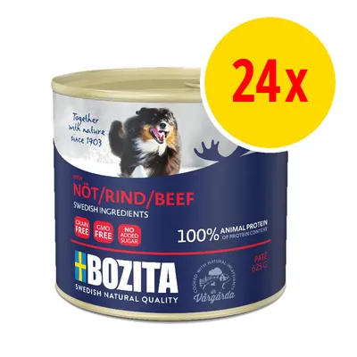 BOZITA nöt/rind/beef, 100 % animaliskt protein, spannmålsfri, GMO-fri, utan tillsatt socker, paté 625 g. Förpackning med 24 burkar. Synlig hundbild på etiketten.