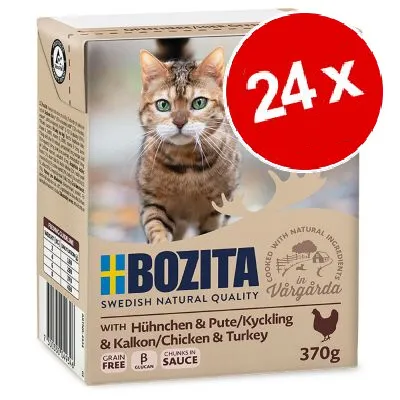 Bozita Kyckling & Kalkon våtfoder för katt, 370 g, 24-pack. Text: grain free, chunks in sauce, cooked with natural ingredients in Vårgårda. Bild på katt på förpackningen.