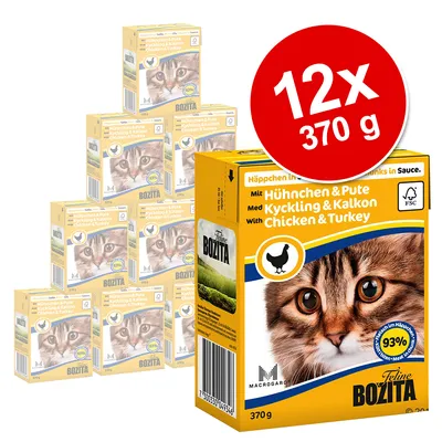 Multipack Bozita Feline s kuraťom a morčacím, 12×370 g. Viditeľný text: Chicken & Turkey, 93 %, FSC, obrázok mačky na obale.