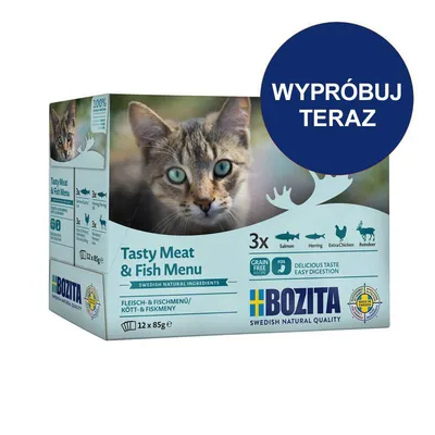 Bozita Tasty Meat & Fish Menu, 12 x 85 g. Widoczne: łosoś, śledź, kurczak, renifer. Napis: WYPRÓBUJ TERAZ. Swedish Natural Ingredients. Grain free. Delicious taste, easy digestion.