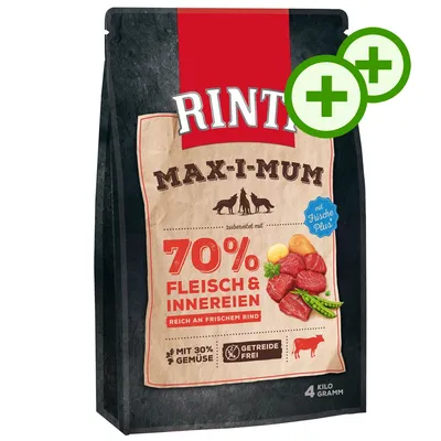 RINTI MAX-I-MUM 70 % Fleisch & Innereien, mit Frische Plus, mit 30 % Gemüse, getreidefrei, 4 Kilo Gramm. Obraz balení s masem a zeleninou. RINTI MAX-I-MUM 70 % Fleisch & Innereien, mit Frische Plus, mit 30 % Gemüse, getreidefrei, 4 Kilo Gramm. Obraz balení s masem a zeleninou.